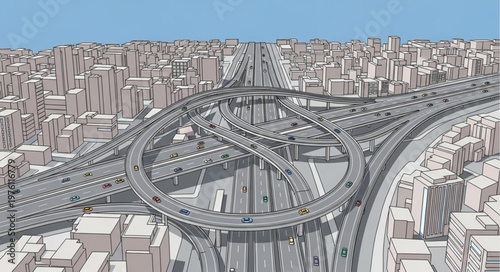 Complex Highway Interchange in Urban Cityscape.