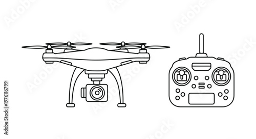 Modern quadcopter drone with remote control, aerial photography drone vector icon, black and white line art of unmanned aerial vehicle with camera