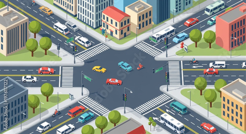 Isometric City Intersection with Cars and Pedestrians.