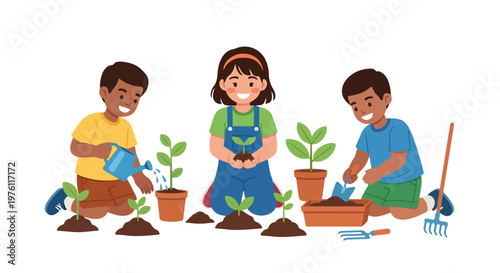 A diverse group of three smiling children are happily engaged in gardening activities, planting young sprouts and watering them with care.