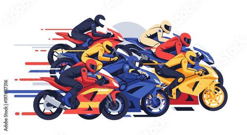 Motorcycle racers in colorful gear speed on a white background.