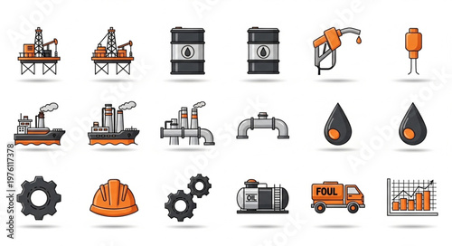 Oil and Gas Industry Icons - Exploration, Production, and Transportation.