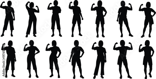 Set of strong people silhouettes showing flexing arm poses confidence power fitness concept isolated on white background vector illustration