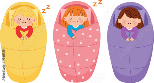 Sleeping Children in Blankets Vector Set, Cozy Kids, Girl in Yellow, Pink, and Purple Blankets, Peaceful Sleep, and Sweet Dreams Icons for Kids' Room and Bedtime Designs
