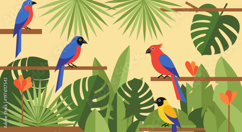 Colorful Parrots on a Branch.