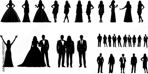Silhouette Vector Set Featuring Women in Dresses, Men in Suits, and Couples for Fashion, Lifestyle, and Celebration Illustrations