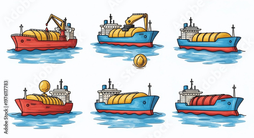 Cargo Ships with Heavy Loads and Cranes in Various Poses.