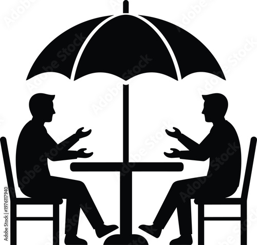 Two people sitting at table under umbrella talking communication meeting discussion concept isolated on white background vector illustration design