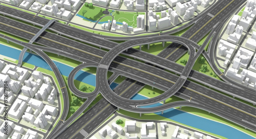 Aerial View of a Complex Highway Interchange with Multiple Lanes.
