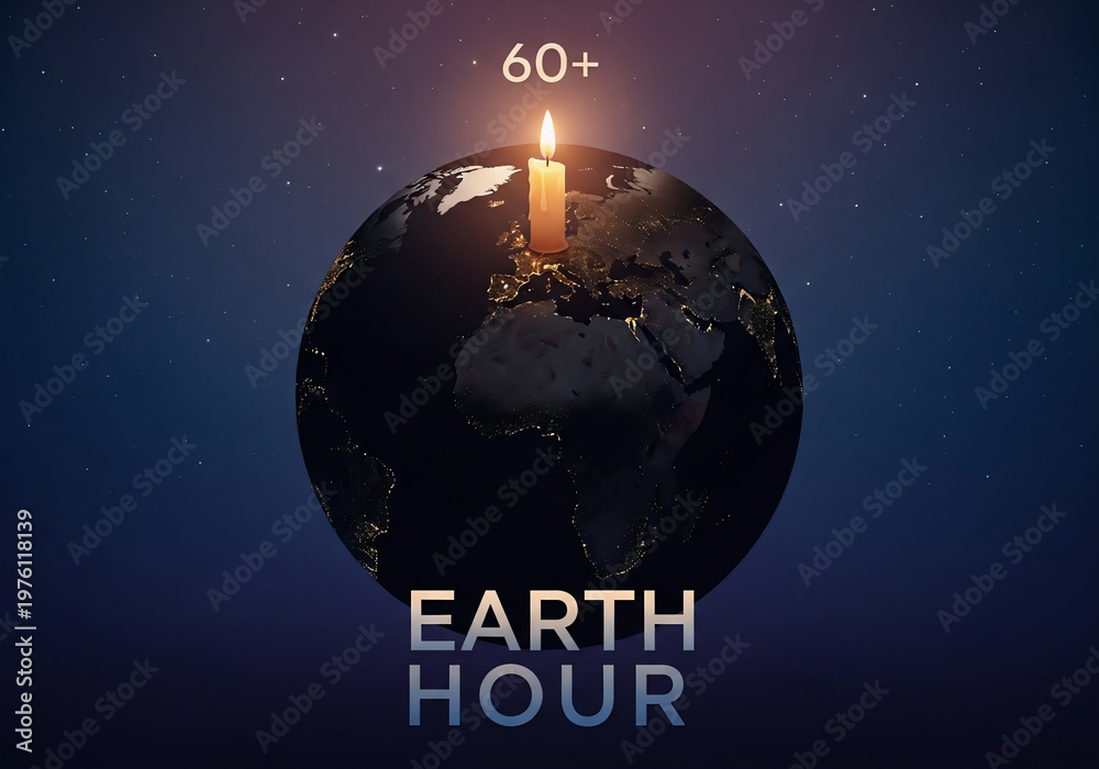 Fototapeta premium Digital Earth Hour Illustration with Candle on Planet Globe Concept
