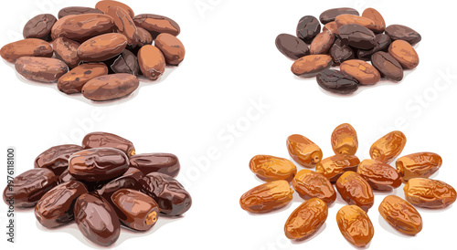 Set of Various Dates Including Fresh, Dried, and Sweetened Dates for Healthy Snacks, Vegan, and Culinary Graphics