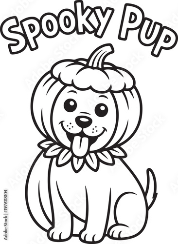 Cute dog wearing a pumpkin costume with text Spooky Pup