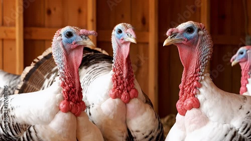 A close-up shot depicts a group of white turkeys standing closely together inside a wooden barn, their vibrant red wattles prominently displayed.