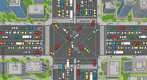 Aerial View of a Busy City Intersection with Heavy Traffic.