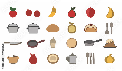 Cute cooking doodle icons set kawaii kitchen utensils food and ingredients vector illustration