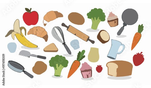 Cute cooking doodle elements collection playful kitchen food and utensils vector illustration