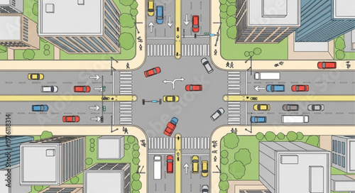 Aerial view of a busy city intersection with traffic.