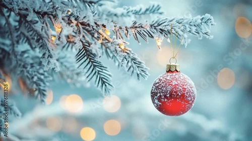 Celebrate the Holiday Spirit with a Beautiful Red Ornament on a Snowy Tree Branch Perfect for Christmas Decor and Seasonal Celebrations. Generative AI