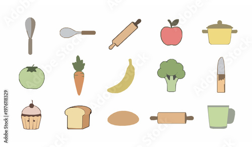 Minimal cute cooking doodle icons set simple kawaii kitchen food vector illustration