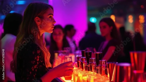 Nightclub Bartending with Colorful Cocktails and Vibrant Atmosphere Featuring a Young Woman. Experience the Pulsing Energy and Social Interaction in a Trendy Bar. Generative AI