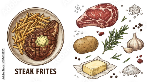 Vintage Hand-Drawn Vector Illustration of Steak Frites Dish with Ingredients Like Ribeye Beef, French Fries, Butter, Garlic, and Herbs on Black Background