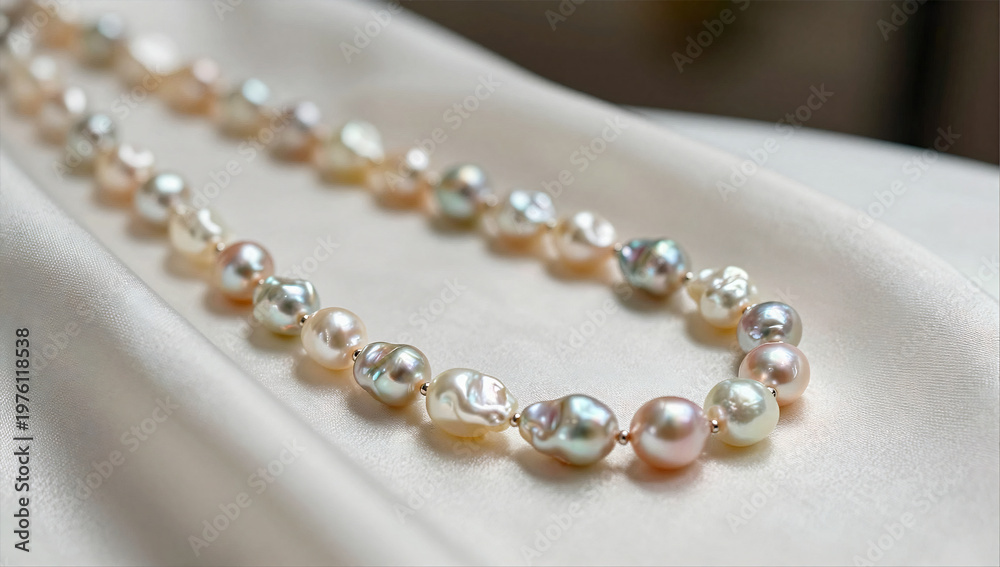 Obraz premium Organic Keshi Pearl Necklace Draped over Luxurious Ivory Silk Fabric