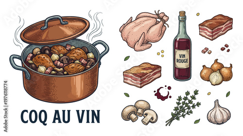 Classic French Coq au Vin Recipe Illustration with Ingredients like Chicken, Red Wine, Mushrooms, and Bacon in a Copper Pot Vector Set