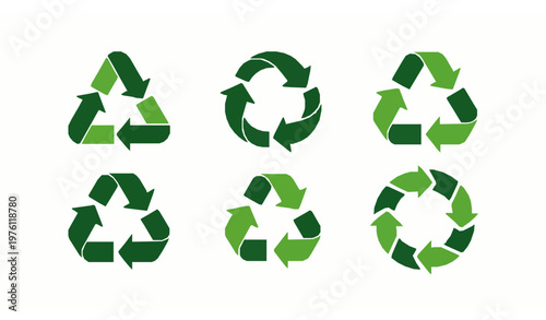 Green recycle symbol icon set with circular rotation arrows flat vector isolated on white background for eco reuse concept