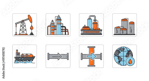 Oil and Gas Industry Icons - Extraction, Processing, and Transportation.