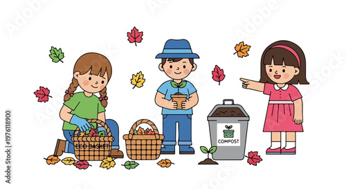 Three young children are depicted working together to collect autumn leaves and manage a compost bin for sustainable gardening.