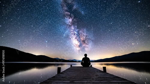 Man on dock watches galaxy.