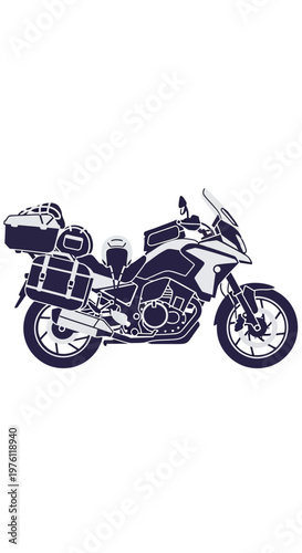 White and black motorcycle with luggage compartments on white background.