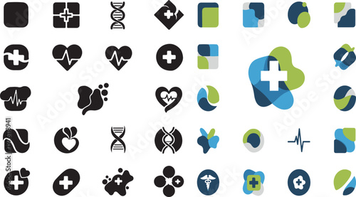 Abstract logo and icon set. Collection of flat vector elements isolated on white, including square and circular shapes for business templates, website design and medical branding symbols..