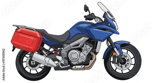 Blue touring motorcycle with red saddlebags on white background.