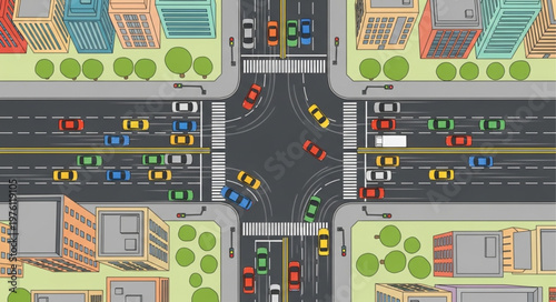Aerial View of a Busy City Intersection with Cars and Buildings.
