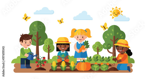 This vibrant vector illustration depicts four diverse children happily gardening and harvesting fresh vegetables in a sunny, lush outdoor setting.