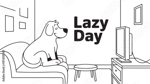 Dog relaxing on sofa watching television with lazy day text