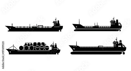 Silhouetted Cargo Ships - A Fleet of Maritime Vessels in Black and White.