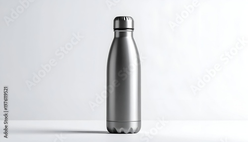 A sleek, stainless steel water bottle, silver in color, standing upright against a clean, white background, creating a minimalist aesthetic