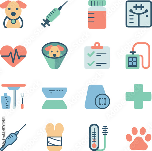 Dog veterinary care icons with medical symbols and equipment