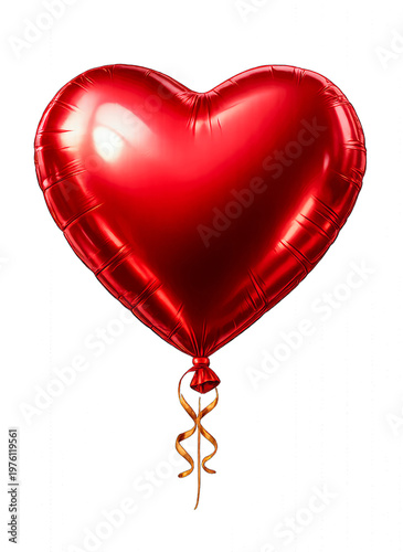 Red heart shaped inflated balloon with glossy surface and soft reflection isolated on transparent background PNG