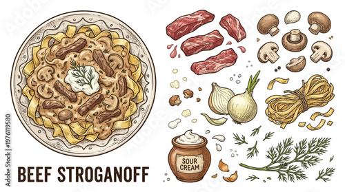 Vector Illustration of Beef Stroganoff Dish and Raw Ingredients Set Including Meat, Mushrooms, Onions, Pasta, and Sour Cream in Vintage Hand Drawn Style
