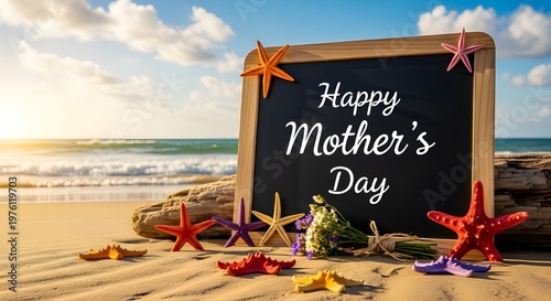 Happy Mother’s Day Beach Background with Blackboard and Starfishes