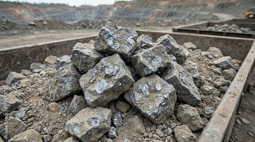 Raw iron ore rocks piled in a large container at an open pit mine showing industrial extraction