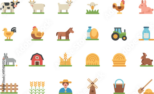 Farm and Barn Animal Icons with Tractor and Farmer 1