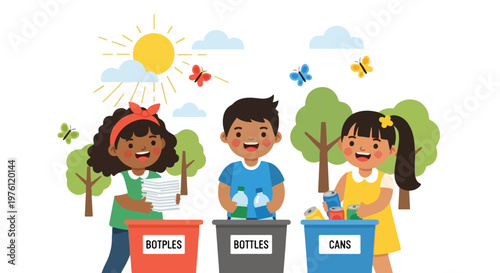 Three happy children are recycling paper, plastic bottles, and aluminum cans into colorful bins on a sunny day in a park.