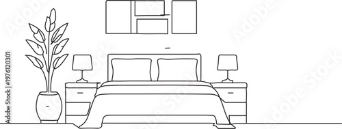 Minimalist one line continuous drawing of a cozy living room interior with armchair, floor lamp, bookshelf, coffee table and potted plant. Modern home decor concept in simple linear style.