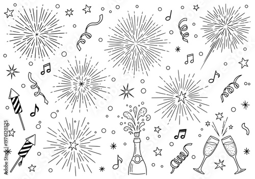 New Year celebration icons, fireworks and party elements, black and white line art