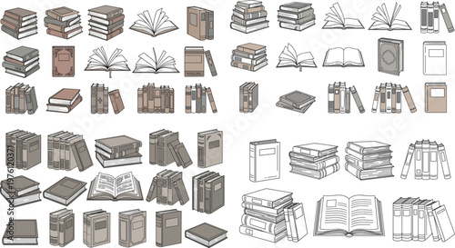 Book Icon Set with Open, Closed, Stacked, and Hardcover Books for Library, Education, and Literature Designs