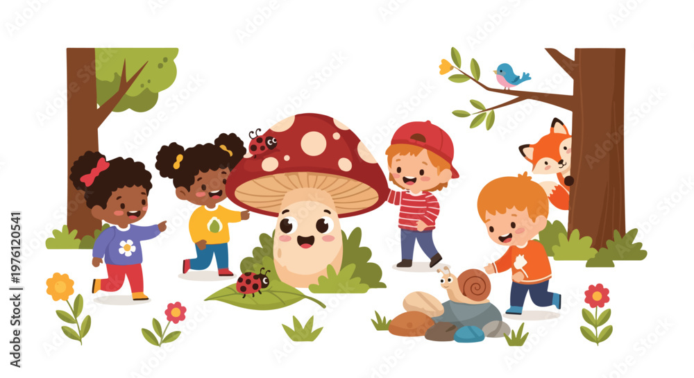 Fototapeta premium Happy diverse children discover a giant smiling mushroom and friendly forest animals in a colorful, whimsical outdoor park setting.